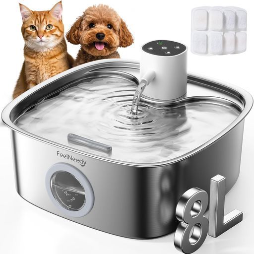 FEELNEEDY猫給水器コードレス犬水飲み器多頭飼い/8L大容量/5000mAhバッテリー/活性炭フィルター付ステンレス製猫水飲み器ワイヤレスペット用自動給水器3つの給水モードセンサー5重濾過2WAY給電