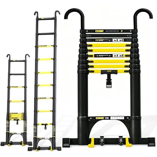 cxyin-home伸縮はしごキャスター付きフック付き耐荷重150kg2.3m警告色スライドはしご折りたたみ結束バンド付業務用78mm幅広ステップ屋外室内兼用段差対応アルミ合金製滑り止めスタンド付一…