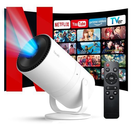 Tecakiプロジエクター家庭用【AndroidTV搭載・自動台形補正・270°回転】小型1080P天井投影静音4K対応25000LMホームプロジェクターBluetooth5.4HiFiスピーカー内蔵Wifi6