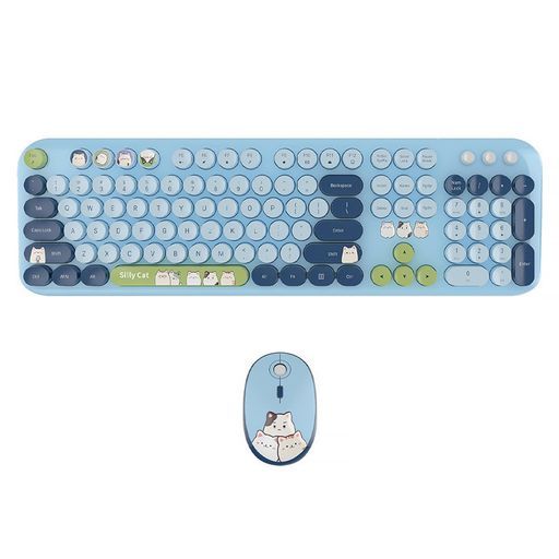 OUSEITECHブルーカラフルキーボードマウスセット可愛い丸型キーキャップフルサイズタイプライターキーボード104キーオフィス用テンキー付き無線2.4GレシーバーPC/ノートPCに対応おしゃれ英…