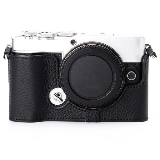 OlympusE-P7専用レトロな本革手作りのハーフケースカメラ保護カバーコンパクト設計三脚取り付け可能キズ・摩耗防止(黒色-黒線)