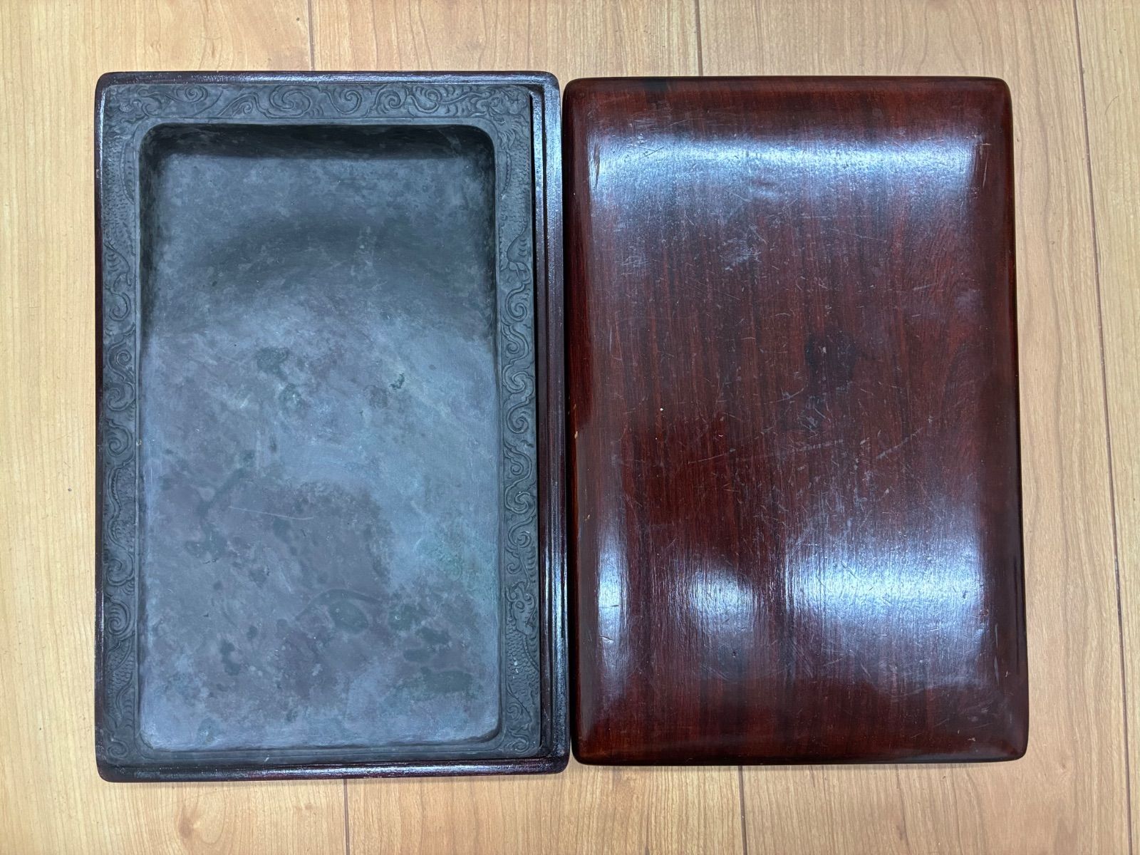 雲龍彫刻 端渓硯 唐木箱付き 書道 文房四宝