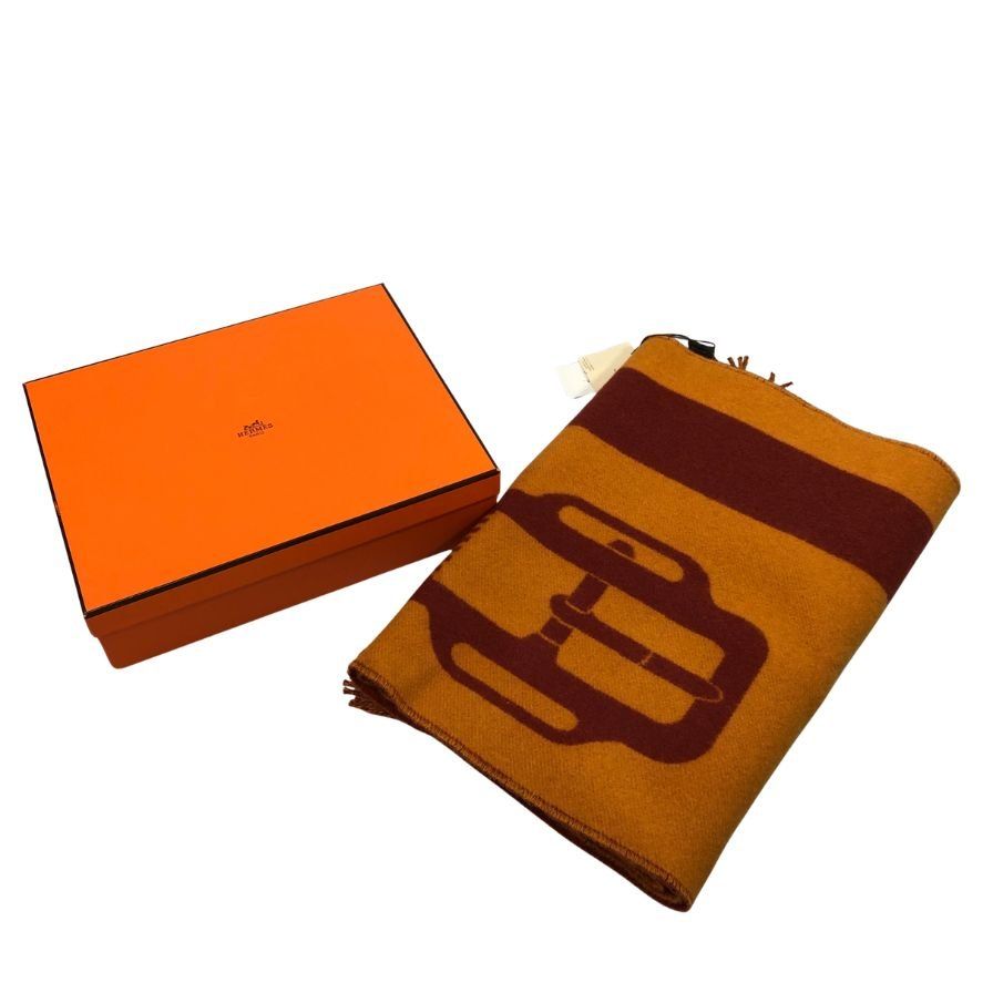 エルメス マフラー カシミヤ ベルト柄 オレンジ HERMES【AFI29