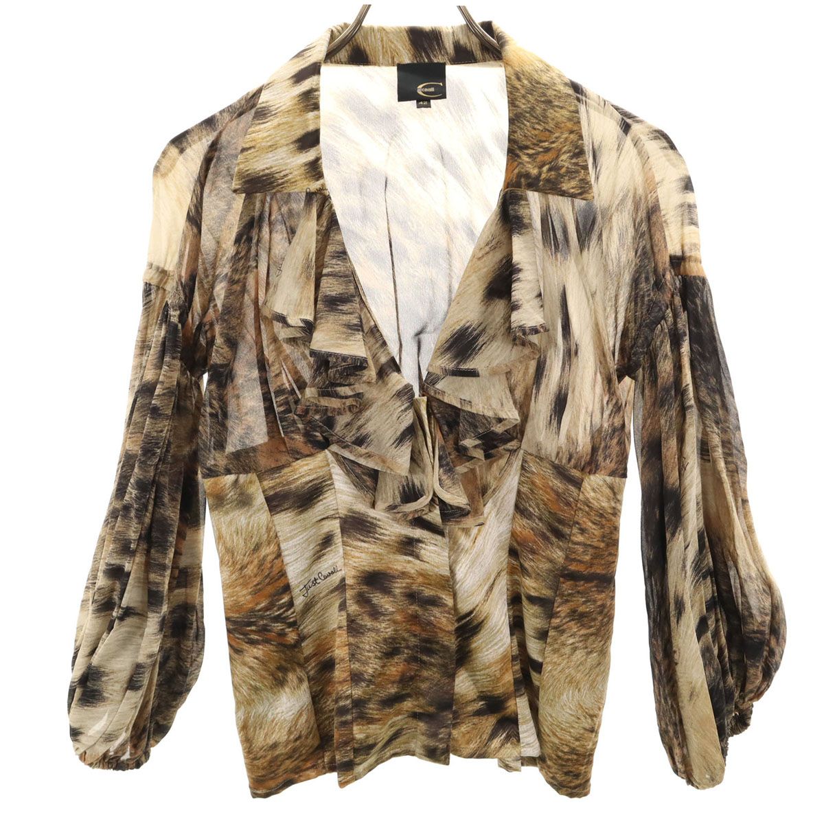 美品 JUST CAVALLI レオパード柄 シルクブレンド フリルブラウス40 美品 Just Cavalli ジャストカヴァリ シルクブレンド レオパード柄