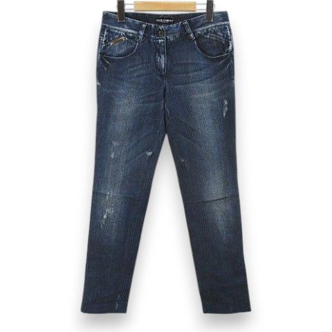 ドルチェ&ガッバーナ ドルガバ DOLCE&GABBANA G8A88 ロング丈 デニムパンツ ジーンズ 38 青系 ブルー ジップフライ ダメージ 加工 ロゴ 金具 プレート ラベル