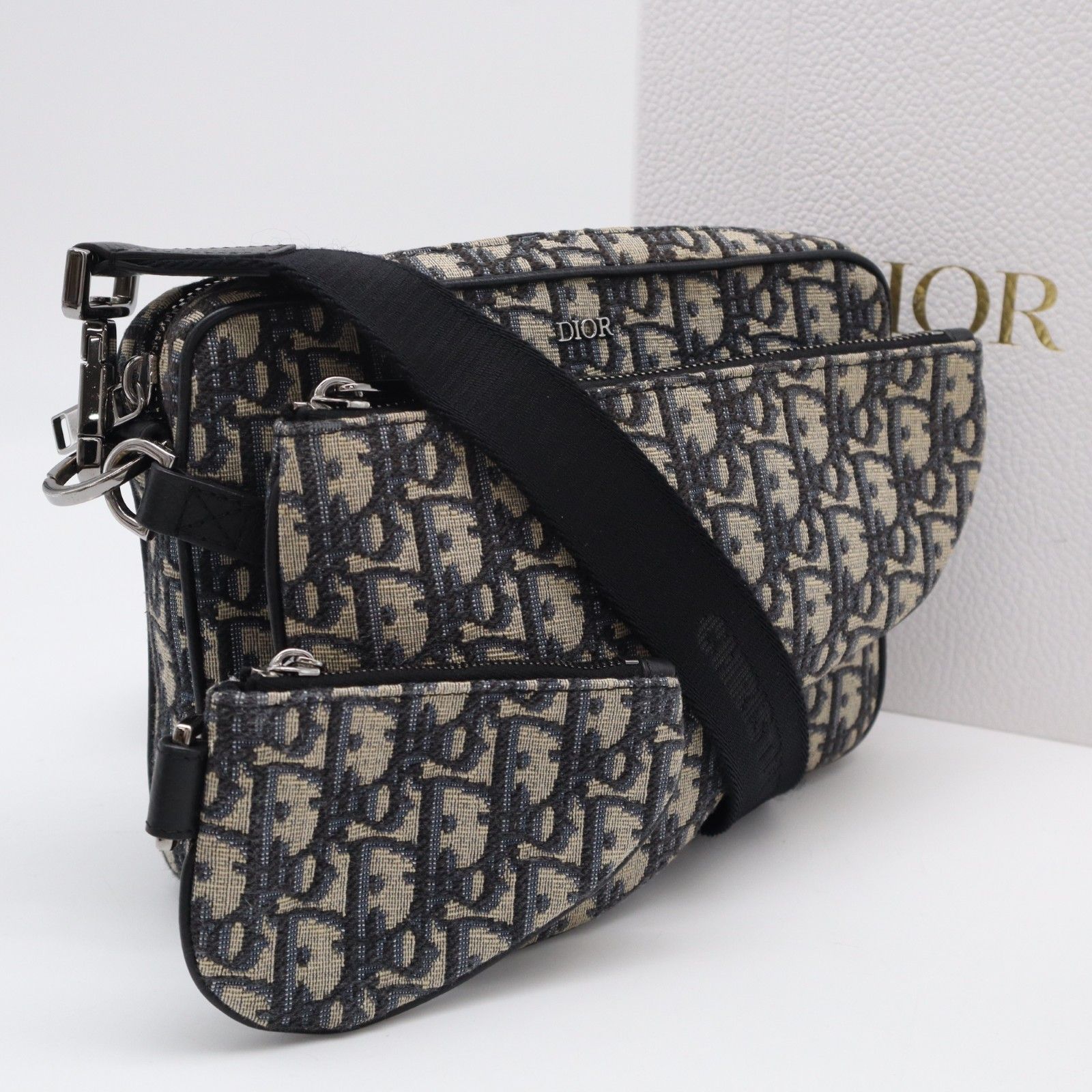 ★3日以内返品可★ 美品 Dior ディオール ディオール オブリーク ジャカード Saddle 3-in-1 バッグ 1ADPO276YKY ショルダーバッグ ネイビー ベージュ カーフレザー コットン レディース