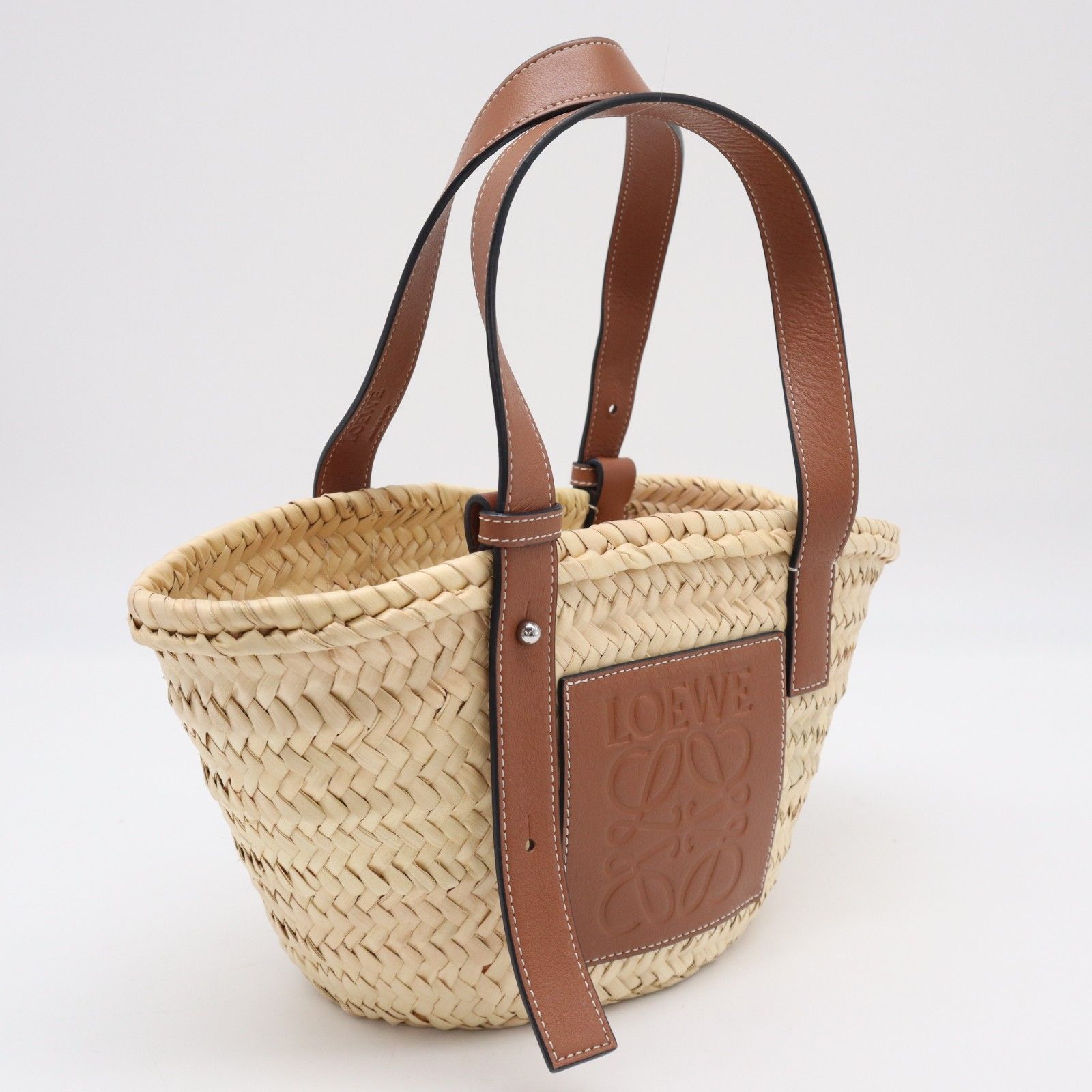 ★3日以内返品可★ 美品 LOEWE ロエベ ヤシの葉&カーフ バスケットバッグ スモール ナチュラル タン 327.02.S93 ハンドバッグ ベージュ ブラウン カーフレザー レディース