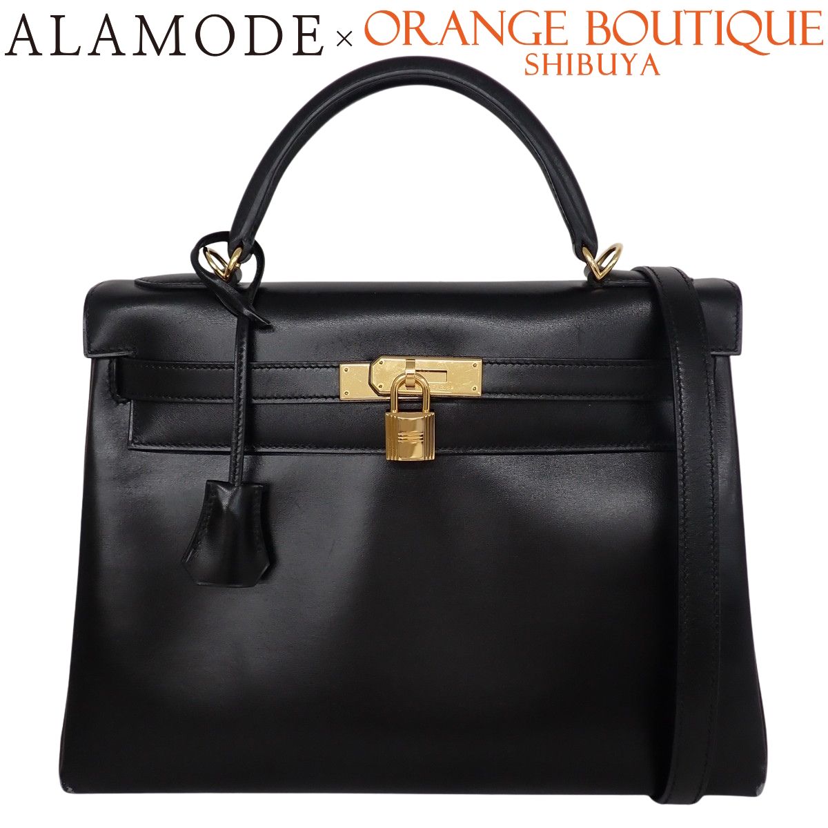 HERMES(エルメス) ケリー32(内縫い) ブラック/ショコラ ダークブラウン焦げ茶 ボックスカーフ ゴールド金具 □L刻印 ハンドバッグ パーソナルオーダー レディース 40802197447【中古】【アラモード】