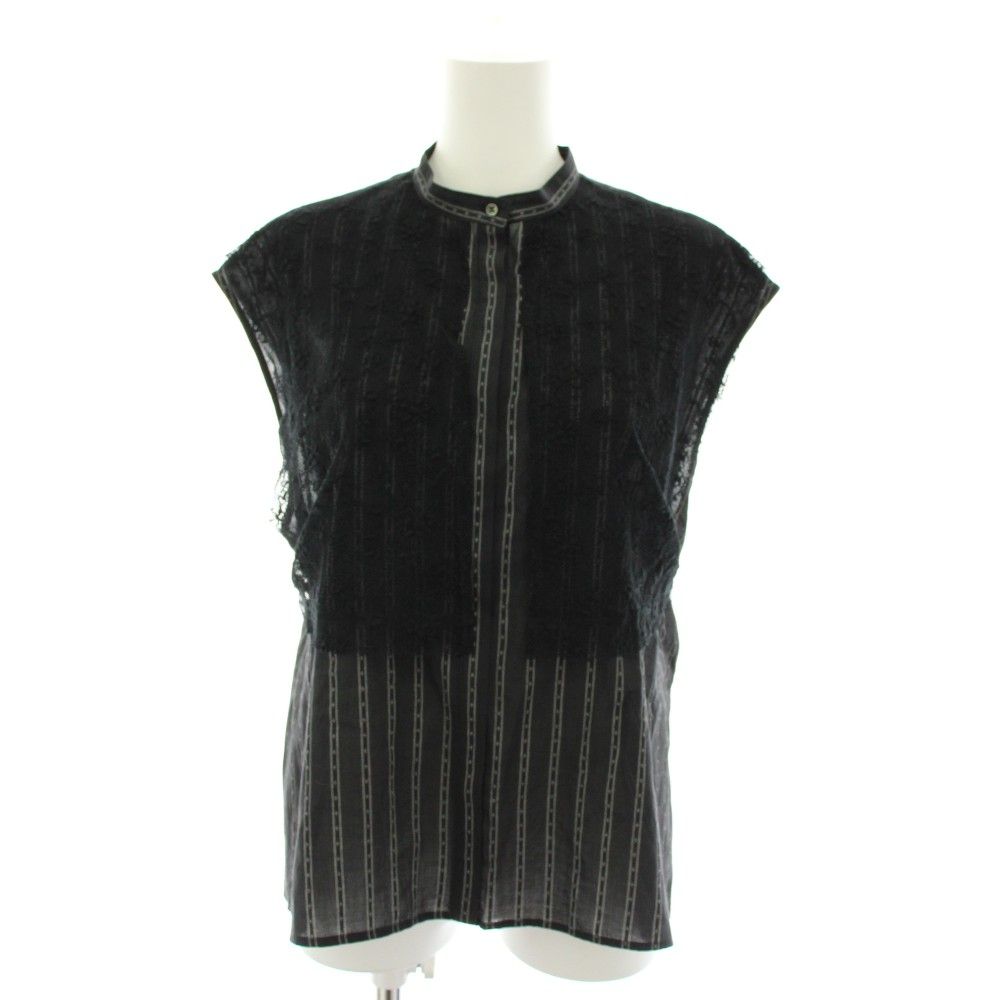 ルシェルブルー LE CIEL BLEU ストライプスリーブレスシャツウィズレースビブ Striped Sleeveless Shirt with Lace Bib ブラウス ノースリーブ 花柄 36 黒 ブラック 27S63616 /YT