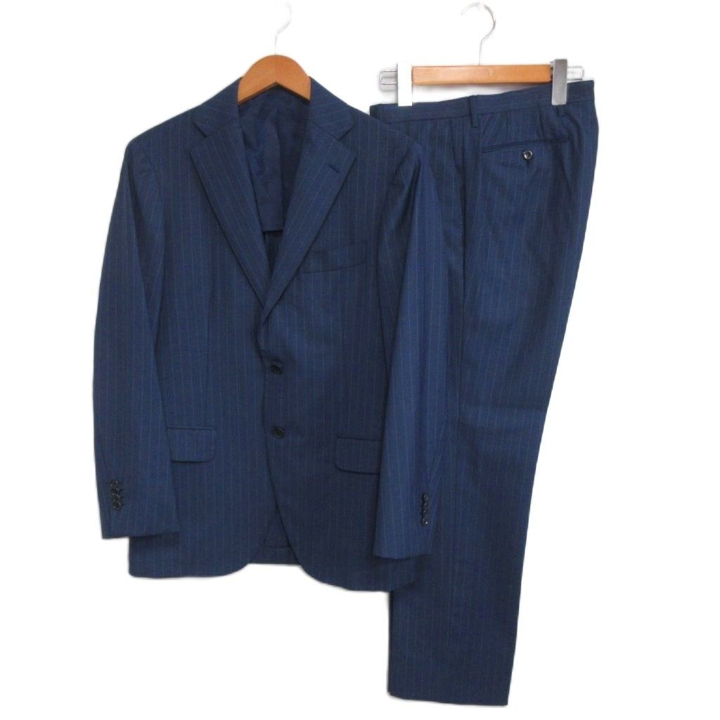 リングヂャケット RING JACKET シングルスーツ テーラードジャケット スラックス パンツ 段返り3B ストライプ 44 青 ブルー IBO98