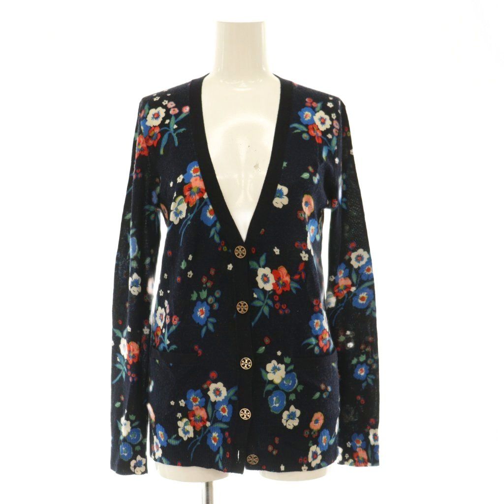1476 美品✨ トリーバーチ ニットカーディガン 総柄 XS ブラック 花柄 トリーバーチ TORY BURCH ニットカーディガン 花柄 ウール XS 紺