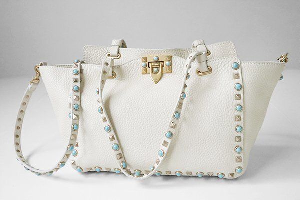 VALENTINO GARAVANI ◆ ロックスタッズ ターコイズ レザー 2WAYバッグ アイボリー ショルダー ハンドバッグ ヴァレンティノ ◆GG58