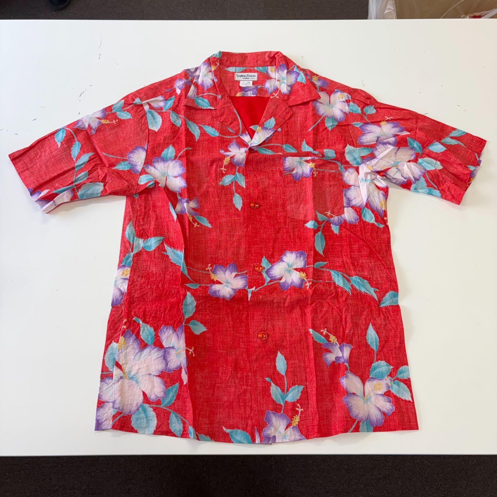 アロハシャツ ハワイアンシャツ 半袖 USA アメリカ製 Lサイズ Sunmari Fashions 赤 レッド メンズ 花柄 柄シャツ ヴィンテージ 古着