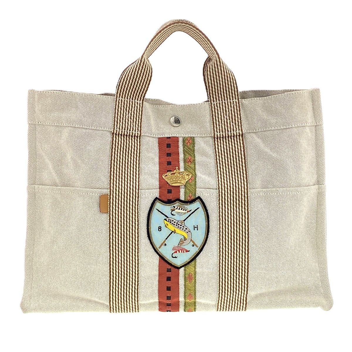 HERMES エルメス ニューフールトゥMM カスタム トートバッグ 102018M ユニセックス キャンバス ベージュ ブラウン 中古
