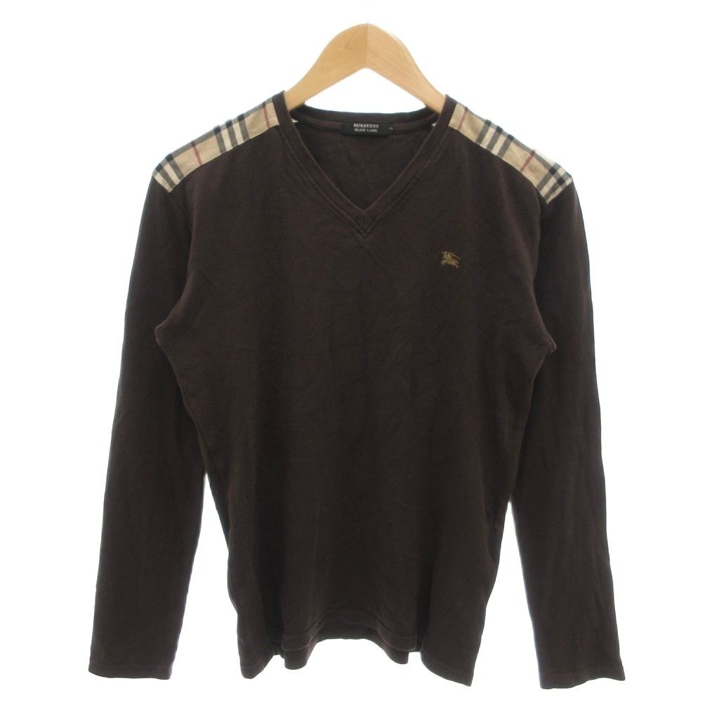 バーバリーブラックレーベル BURBERRY BLACK LABEL 美品 Tシャツ 2 茶 ブラウン Vネック チェック柄 ロゴ刺繍 長袖 /SJ ■ECE006