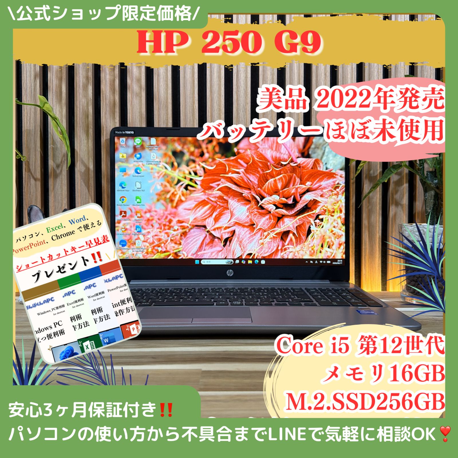 \ 公式ショップ限定価格❣️/ 美品《新型2022年発売》バッテリーほぼ未使用 HP 250 G9 第12世代 メモリ16GB SSD256GB ノートパソコン 安心サポート＆3ヶ月保証付き