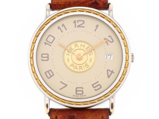 HERMES エルメス 腕時計 セリエ ゴールドメッキ/ステンレススチール/革　 アイボリー文字盤 メンズ時計 207【中古】2148103958120　