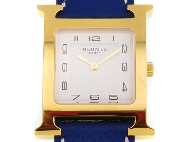 HERMES エルメス 腕時計 Hウォッチ HH1.510 ゴールドメッキ/本革 ホワイト文字盤 メンズ時計 207【中古】2148104033178
