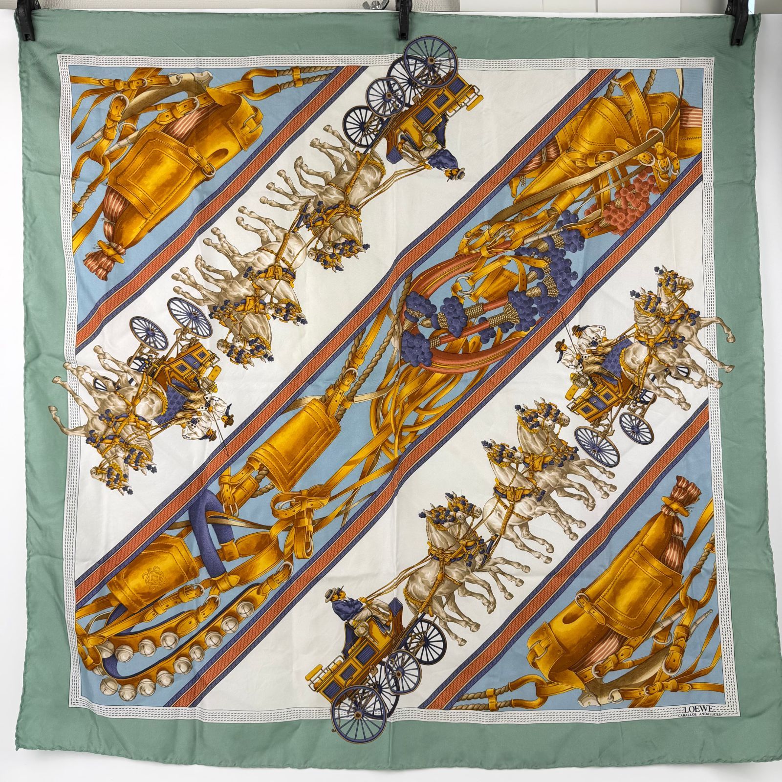 中古】LOEWE ロエベ 馬車柄 スカーフ シルク グリーン マルチカラー