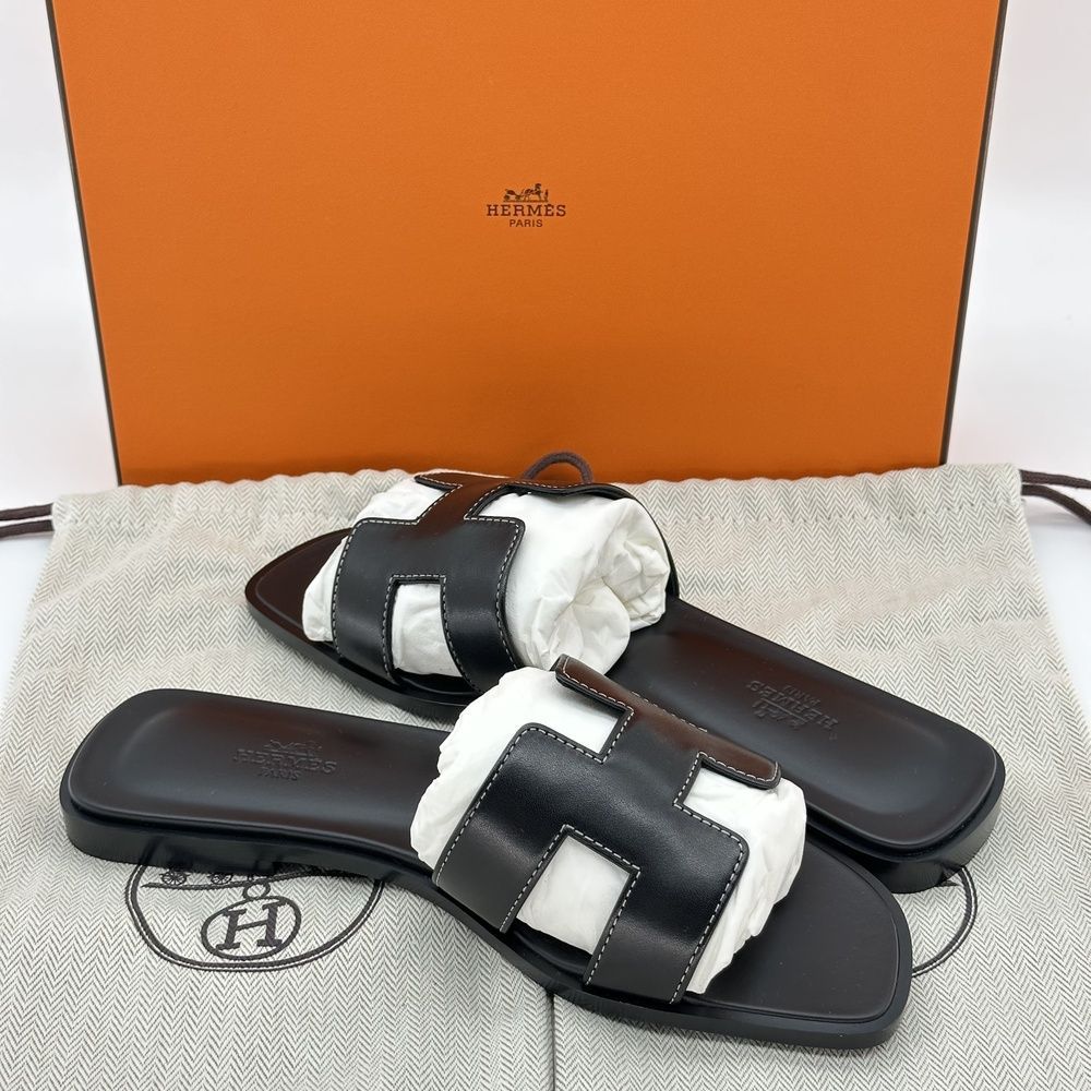 Hermes エルメス オアジスサンダル 37 24cm ノワールカーフスキン 黒 ブラック 箱 保存袋付き 58,080円
