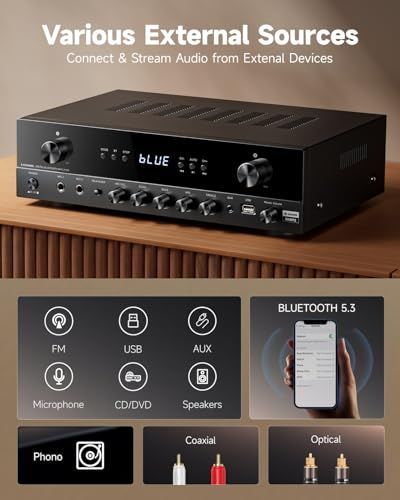 Donnerステレオ・オーディオ・アンプ、600Wピーク2チャンネル・レシーバー、Bluetooth 5.3、フォノ、光、同軸、USB、FM、2マイク入力、AUX、RCA入力、ホーム、カラオケ、シアター・スピーカー用、MAMP2t e809122d Donnerステレオ・オーディオ・アンプ、600Wピーク2チャンネル・レシーバー、Bluetooth 5.3、フォノ、光、同軸、USB、FM、2マイク入力、AUX、RCA入力、ホーム、カラオケ、シアター・スピーカー用、MAMP2t e809122d