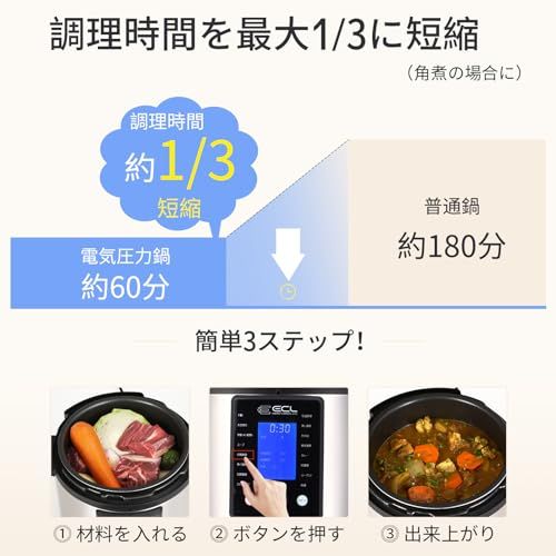 ECL 電気圧力鍋 大容量 5L 圧力/自動調理器 電子 圧力鍋 電気 一台15役 電気鍋 蒸し／低温／スロークック／焼き調理 7つ保護機能 EC-EPC5L 圧力/温度調理t c34d6b88