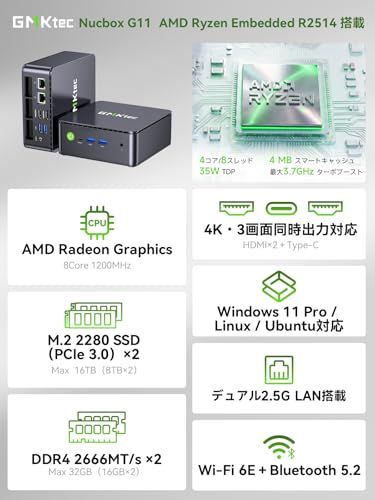 GMKtec ミニPC NUCBOX G11【AMD Ryzen Embedded R2514・16GB+256GB】Dual 2.5G LAN WiFi 6E 4K 3画面出力 Windows 11 Pro 最大32GB+16TB拡張対応 25392e31 GMKtec ミニPC NUCBOX G11【AMD Ryzen Embedded R2514・16GB+256GB】Dual 2.5G LAN WiFi 6E 4K 3画面出力 Windows 11 Pro 最大32GB+16TB拡張対応 25392e31