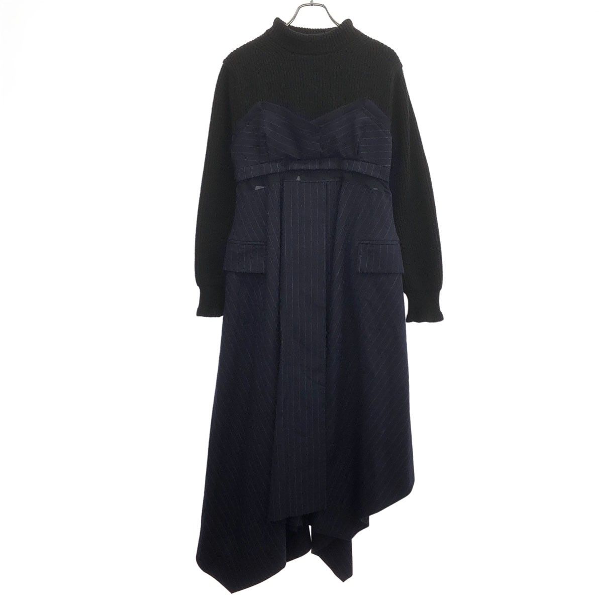 sacai サカイ 22AW Wool Knit×Chalk Stripe Dress コンビネーションドレスワンピース 22-06327 ブラック×ネイビー 1