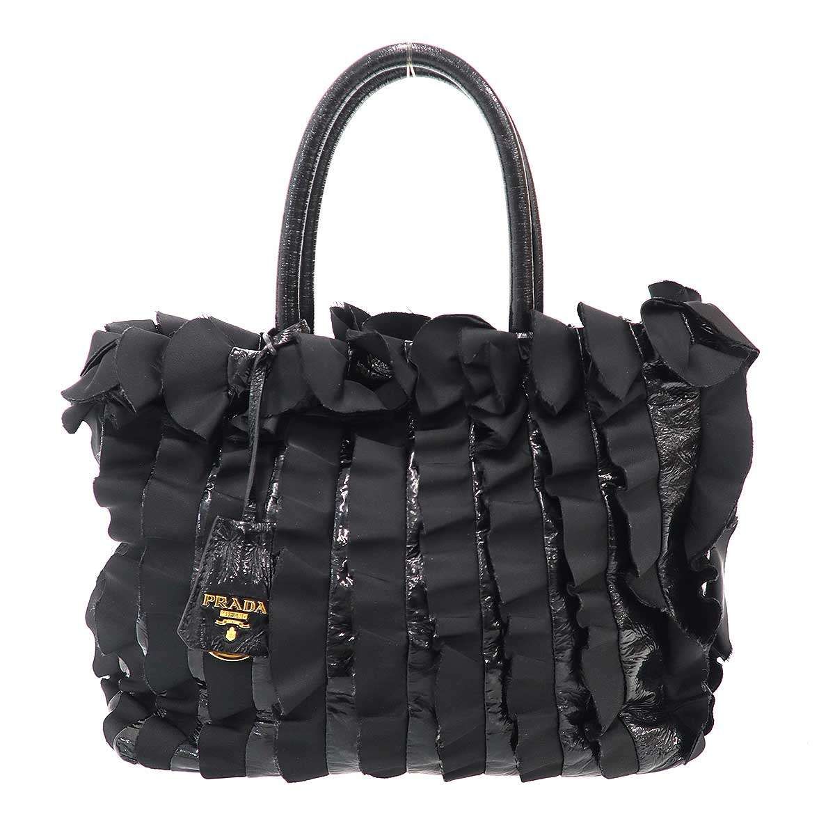 PRADA プラダ TESSUTO VERNICE フリルハンドバッグ BN1728 ブラック