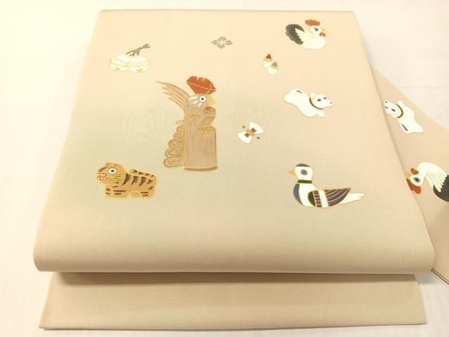 平和屋着物●塩瀬　九寸名古屋帯　刺繍　玩具文　金彩　正絹　逸品　CABJ0573vp