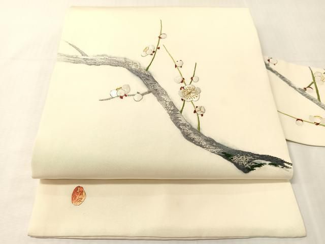 平和屋着物●中国三大刺繍　相良刺繍　総刺繍　塩瀬　九寸名古屋帯　作家物　枝梅文　金銀糸　正絹　逸品　CABJ0577vp