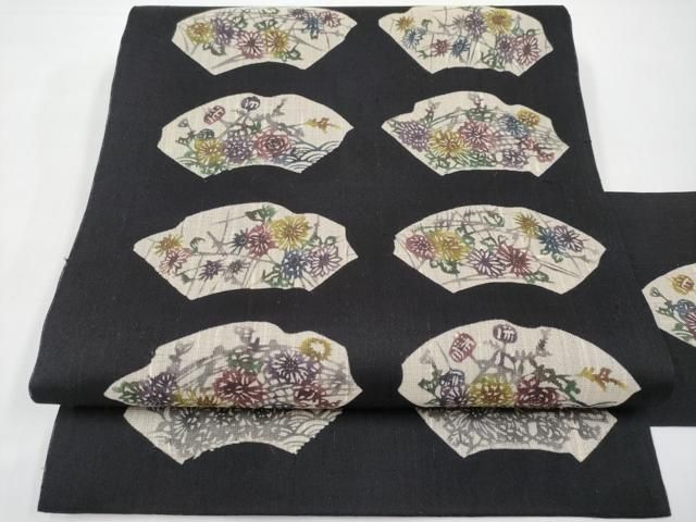 平和屋着物＊夏物　九寸名古屋帯　型染め　地紙草花文　黒地　正絹　逸品　CABI8664tx 27,040円