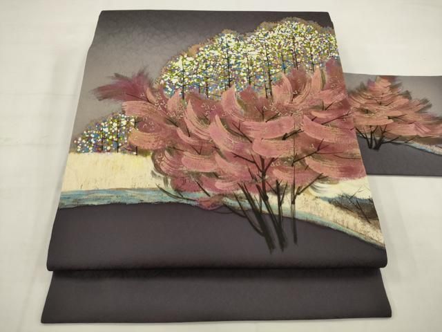 平和屋着物●中嶋博司　塩瀬　九寸名古屋帯　手描き　風景文　金彩　正絹　逸品　AABJ7078pf