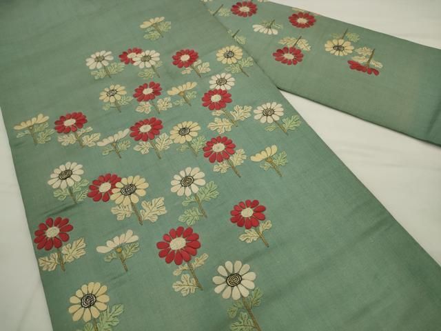 平和屋着物●アンティーク　大正ロマン　九寸名古屋帯　総手刺繍　草花文　金糸　正絹　逸品　AABJ7087pf