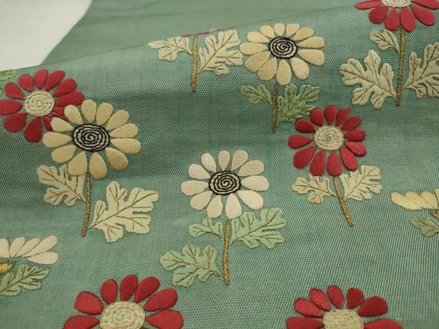 平和屋着物●アンティーク　大正ロマン　九寸名古屋帯　総手刺繍　草花文　金糸　正絹　逸品　AABJ7087pf