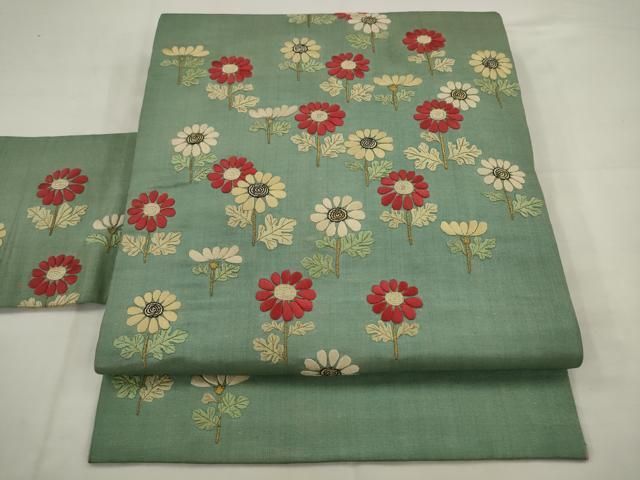 平和屋着物●アンティーク　大正ロマン　九寸名古屋帯　総手刺繍　草花文　金糸　正絹　逸品　AABJ7087pf
