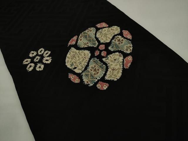 平和屋着物●アンティーク　大正ロマン　九寸名古屋帯　絞り　刺繍　草花文　黒地　正絹　逸品　AABJ7088pf
