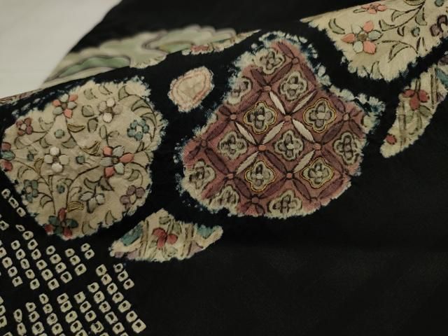 平和屋着物●アンティーク　大正ロマン　九寸名古屋帯　絞り　刺繍　草花文　黒地　正絹　逸品　AABJ7088pf