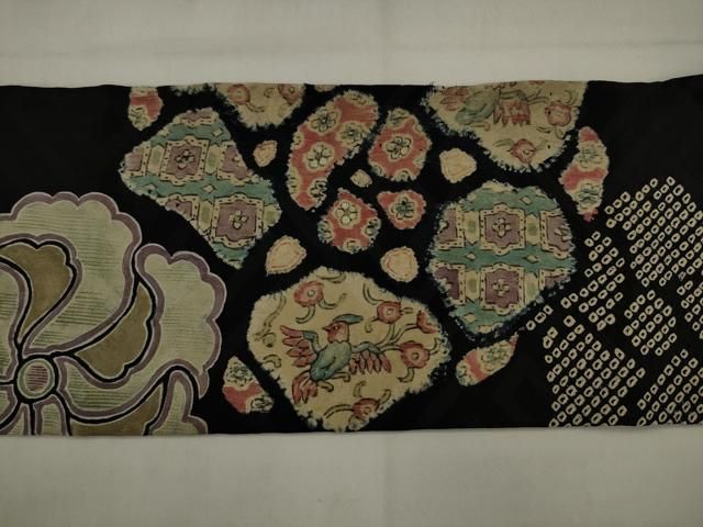 平和屋着物●アンティーク　大正ロマン　九寸名古屋帯　絞り　刺繍　草花文　黒地　正絹　逸品　AABJ7088pf