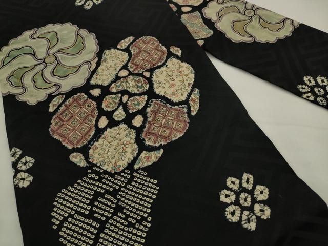 平和屋着物●アンティーク　大正ロマン　九寸名古屋帯　絞り　刺繍　草花文　黒地　正絹　逸品　AABJ7088pf