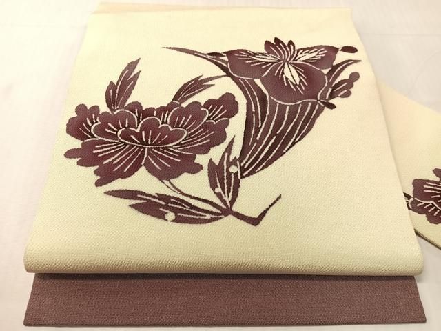 平和屋着物●九寸名古屋帯　型染め　草花文　鬼しぼ縮緬　正絹　逸品　CABJ0445vp