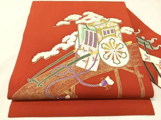 平和屋着物●塩瀬　九寸名古屋帯　御所車　金彩　正絹　逸品　CABJ0446vp