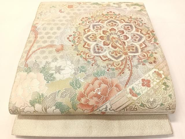 平和屋着物●太鼓柄袋帯　綴れ　鏡裏花文　金銀彩　正絹　逸品　CABJ0530vp