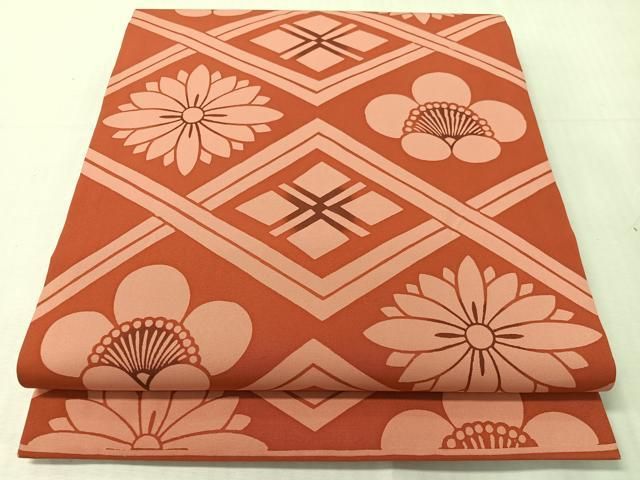 平和屋着物●塩瀬　九寸開き名古屋帯　型染め　菱吉祥花文　正絹　逸品　CABJ0532vp