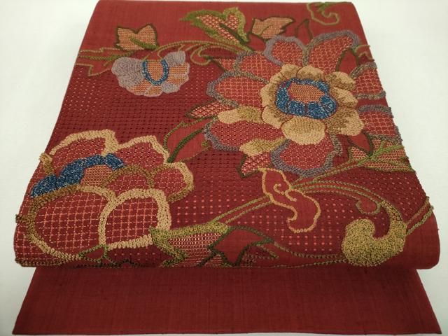 平和屋着物●中国三大刺繍　スワトウ相良刺繍　汕頭相良刺繍　総刺繍　太鼓柄袋帯　紬地　更紗花文　金糸　正絹　逸品　DABG8992ps 22,776円
