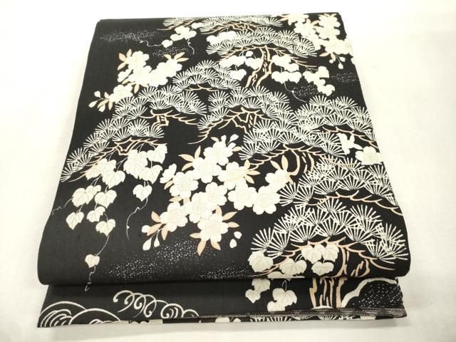 平和屋着物●両面　全通柄袋帯　立波草花文　黒地　正絹　逸品　未使用　CABI7580dy 33,800円