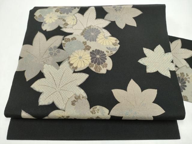平和屋着物●九寸名古屋帯　草花文　黒地　鬼しぼ縮緬　正絹　逸品　CABI9118hy