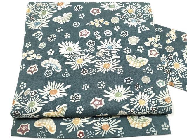 平和屋着物●九寸名古屋帯　型染め　花蝶文　正絹　逸品　CABI9124hy