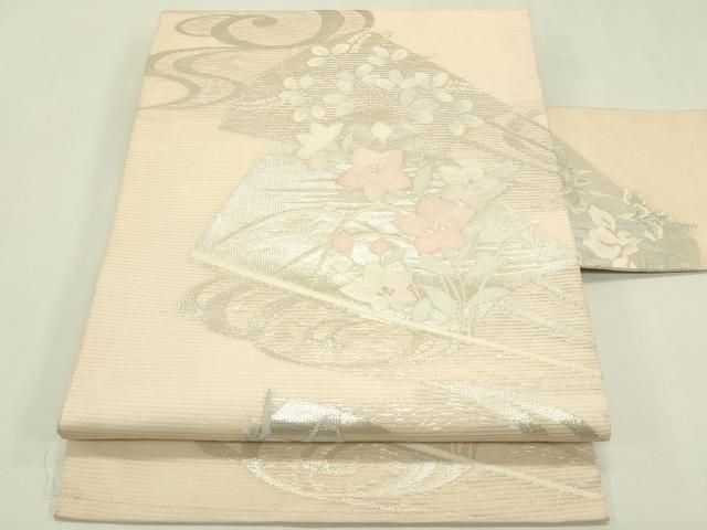 平和屋着物＊夏物　九寸名古屋帯　秋草扇文　銀糸　正絹　逸品　CABI5548rv