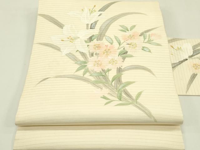 平和屋着物＊夏物　絽塩瀬　九寸名古屋帯　手描き　草花文　正絹　逸品　CABI5549rv
